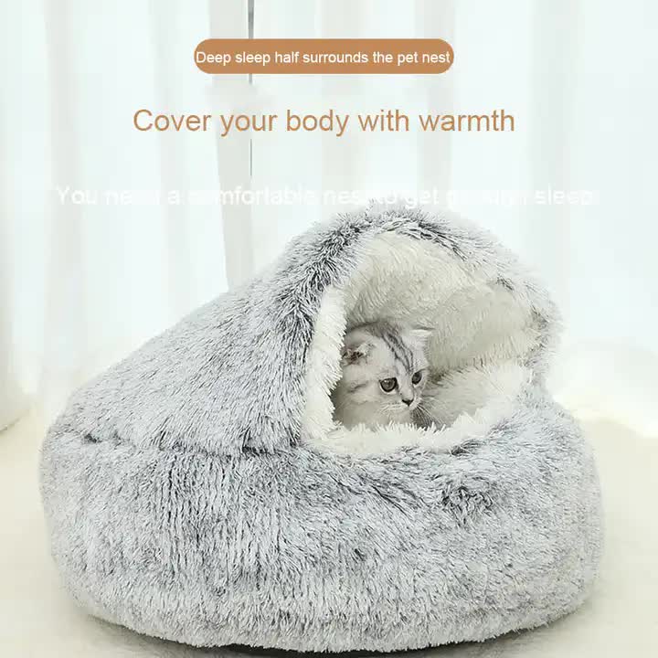 NNEDSZ Cozy Pink Plush Hooded Pet Bed - Ultra Soft Long Fur Cave Bed for Small Pets 40cm-1